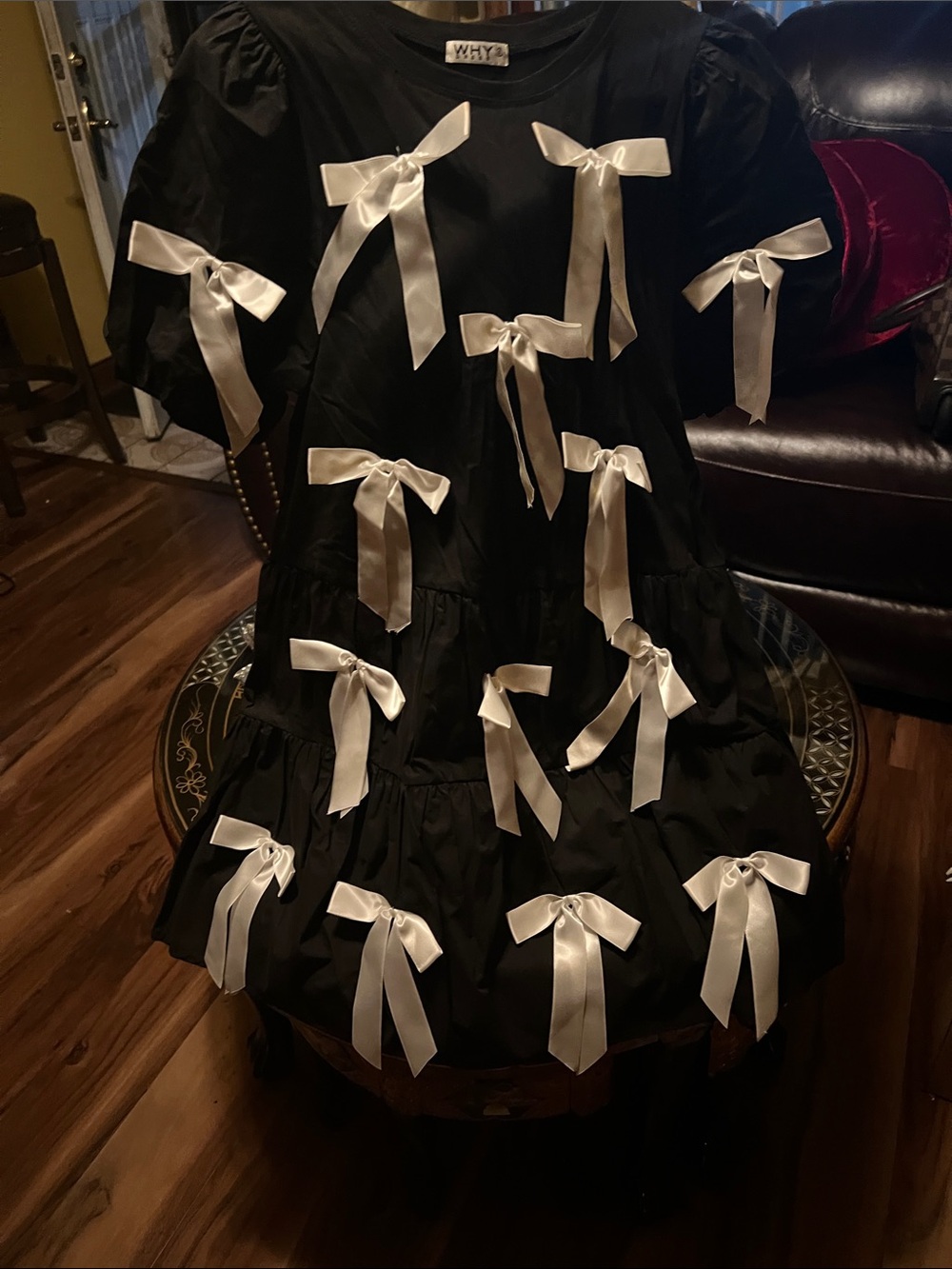 WHYDOLL Black A-Line Skirt with Ivory Satin Bows